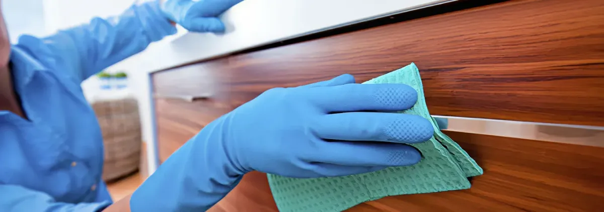 Cleaner wearing blue gloves wiping a wooden cabinet drawer with a microfiber cloth for dust and grime removal, Hollywood, FL.